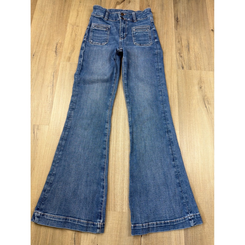 American Eagle Super Hi-Rise Flare Jeans Next Level Stretch Blue Denim Size 0 - Picture 2 of 8